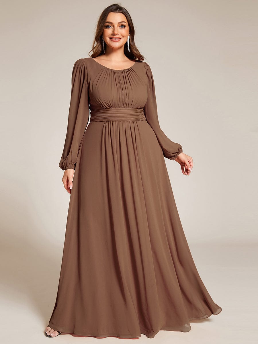 See-Througth Puff Sleeve Chiffon Plus Size Bridesmaid Dress #color_Brown See-Througth Puff Sleeve Chiffon Plus Size Bridesmaid Dress #color_Brown