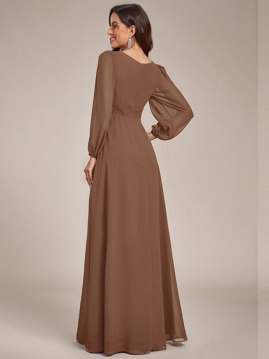 Chiffon High Empire Waist Puff Sleeve Bridesmaid Dress #color_Brown Chiffon High Empire Waist Puff Sleeve Bridesmaid Dress #color_Brown