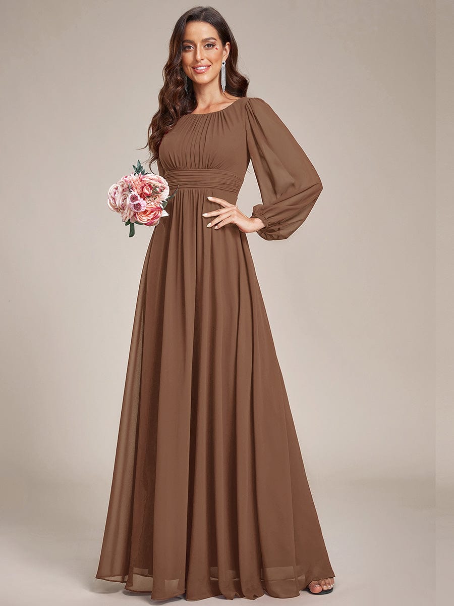 Chiffon High Empire Waist Puff Sleeve Bridesmaid Dress #color_Brown Chiffon High Empire Waist Puff Sleeve Bridesmaid Dress #color_Brown