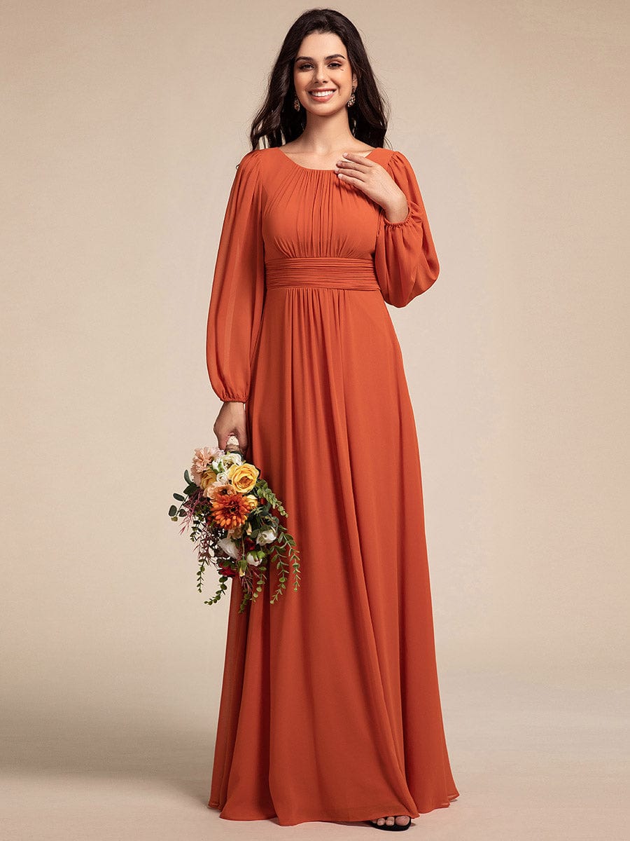Chiffon High Empire Waist Puff Sleeve Bridesmaid Dress #color_Burnt Orange Chiffon High Empire Waist Puff Sleeve Bridesmaid Dress #color_Burnt Orange
