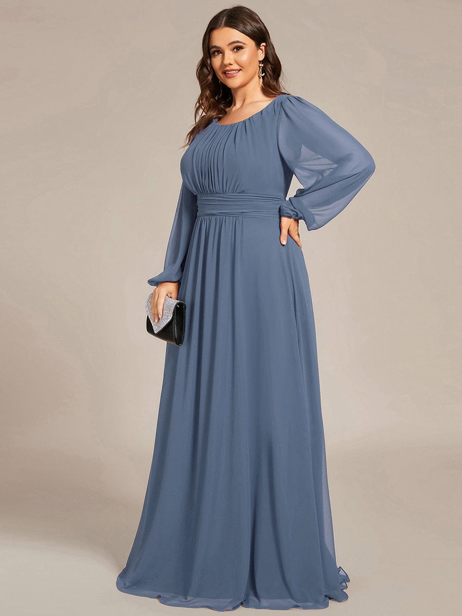 See-Througth Puff Sleeve Chiffon Plus Size Bridesmaid Dress #color_Dusty Navy See-Througth Puff Sleeve Chiffon Plus Size Bridesmaid Dress #color_Dusty Navy
