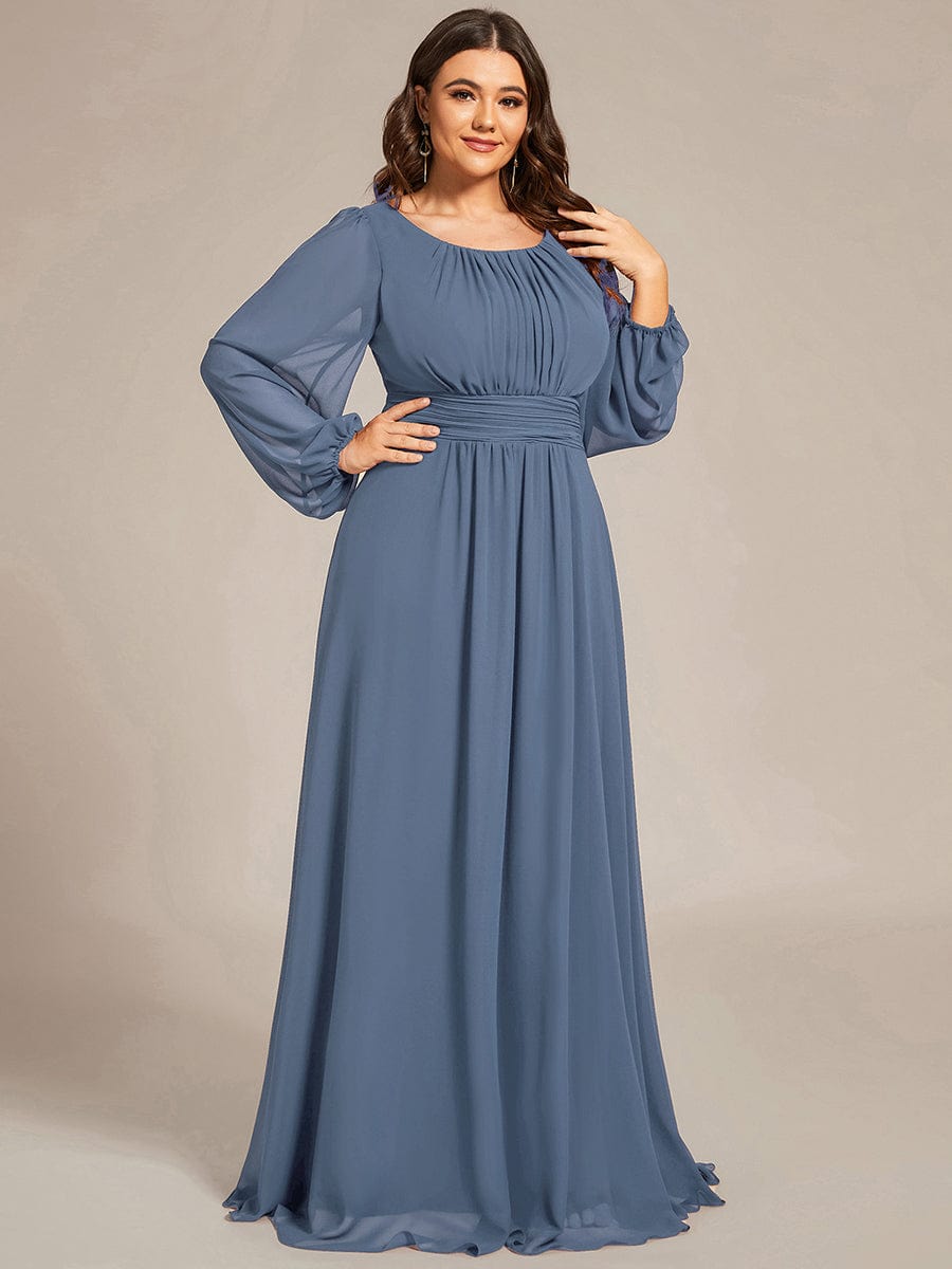 See-Througth Puff Sleeve Chiffon Plus Size Bridesmaid Dress #color_Dusty Navy See-Througth Puff Sleeve Chiffon Plus Size Bridesmaid Dress #color_Dusty Navy