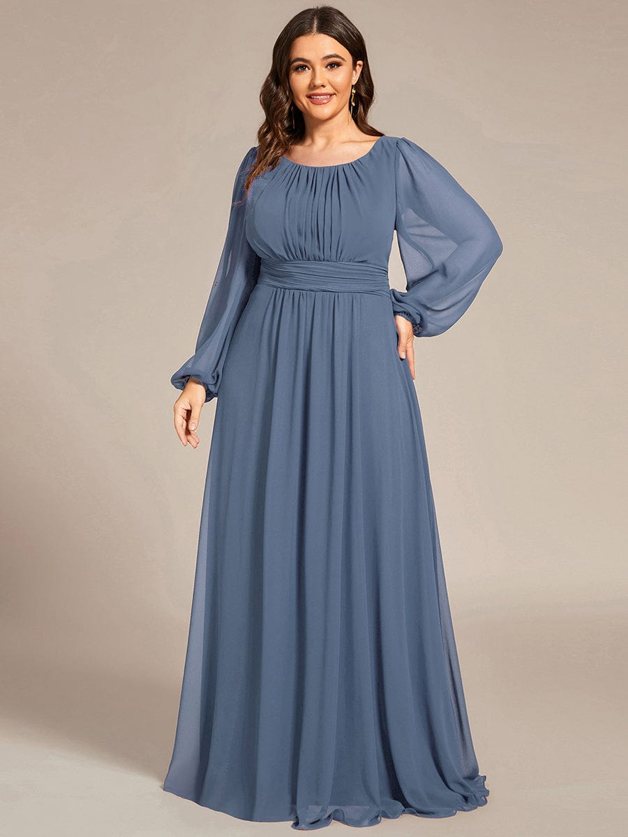 See-Througth Puff Sleeve Chiffon Plus Size Bridesmaid Dress #color_Dusty Navy See-Througth Puff Sleeve Chiffon Plus Size Bridesmaid Dress #color_Dusty Navy
