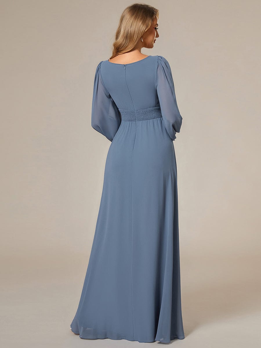 Chiffon High Empire Waist Puff Sleeve Bridesmaid Dress #color_Dusty Navy Chiffon High Empire Waist Puff Sleeve Bridesmaid Dress #color_Dusty Navy