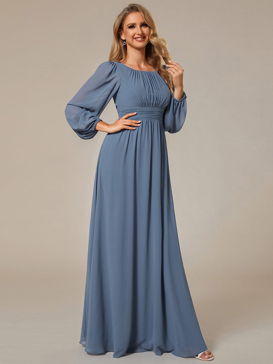 Chiffon High Empire Waist Puff Sleeve Bridesmaid Dress #color_Dusty Navy Chiffon High Empire Waist Puff Sleeve Bridesmaid Dress #color_Dusty Navy