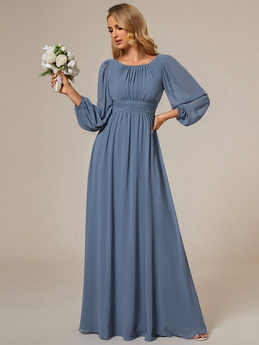 Chiffon High Empire Waist Puff Sleeve Bridesmaid Dress #color_Dusty Navy Chiffon High Empire Waist Puff Sleeve Bridesmaid Dress #color_Dusty Navy