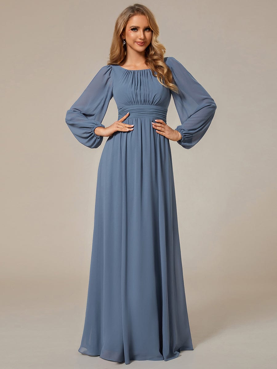 Chiffon High Empire Waist Puff Sleeve Bridesmaid Dress #color_Dusty Navy Chiffon High Empire Waist Puff Sleeve Bridesmaid Dress #color_Dusty Navy