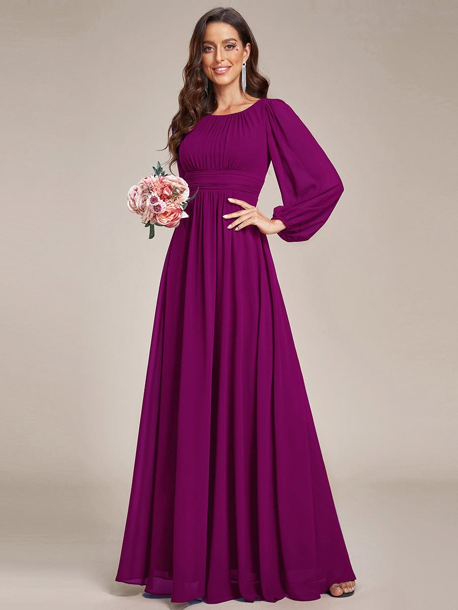 Chiffon High Empire Waist Puff Sleeve Bridesmaid Dress #color_Fuchsia Chiffon High Empire Waist Puff Sleeve Bridesmaid Dress #color_Fuchsia