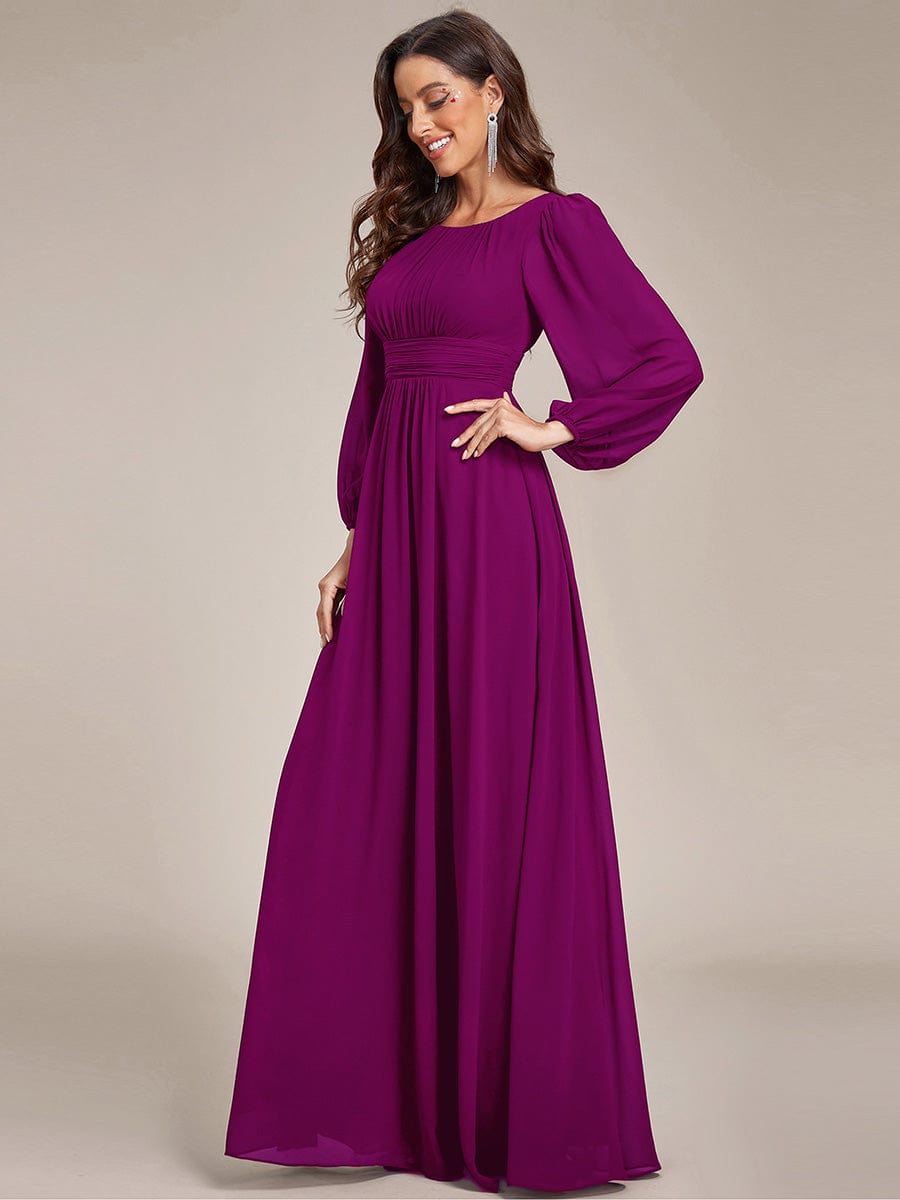 Chiffon High Empire Waist Puff Sleeve Bridesmaid Dress #color_Fuchsia Chiffon High Empire Waist Puff Sleeve Bridesmaid Dress #color_Fuchsia