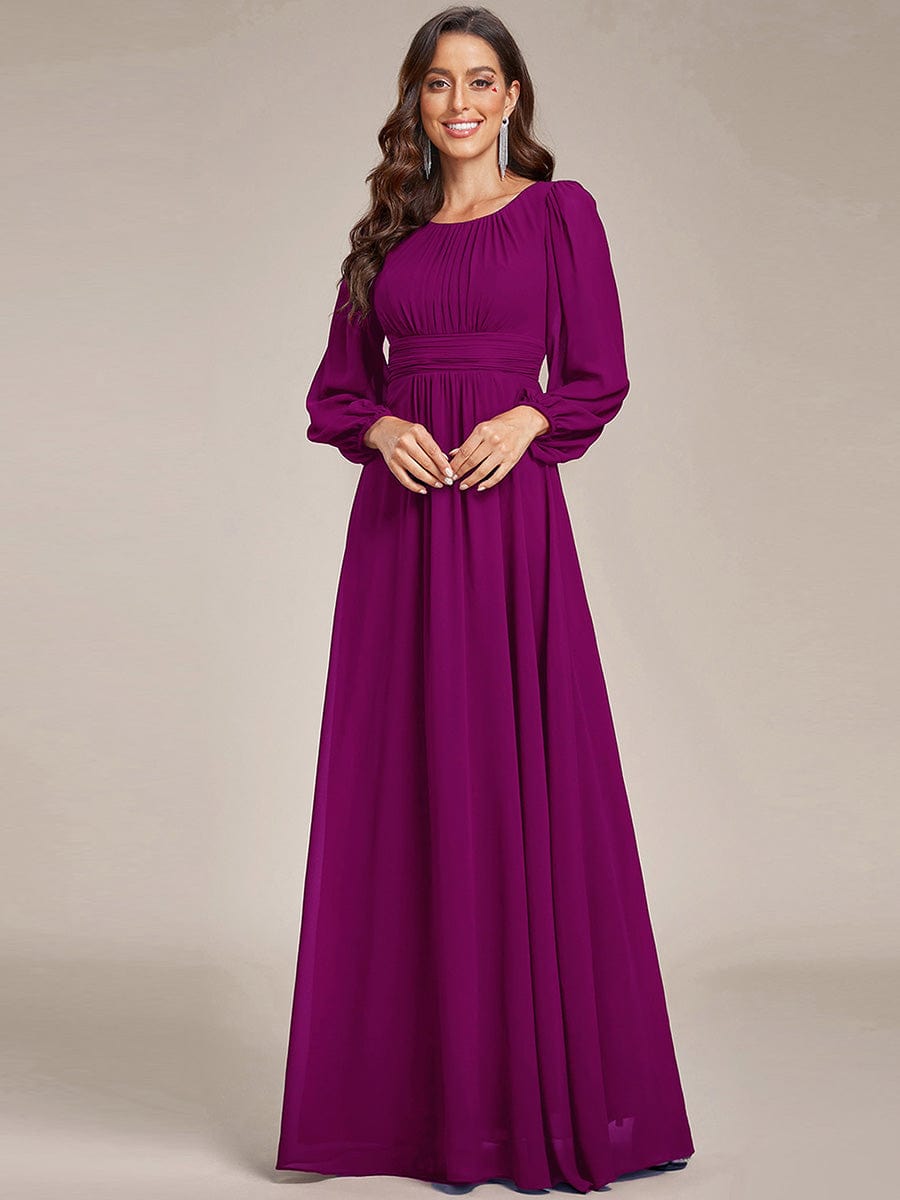 Chiffon High Empire Waist Puff Sleeve Bridesmaid Dress #color_Fuchsia Chiffon High Empire Waist Puff Sleeve Bridesmaid Dress #color_Fuchsia