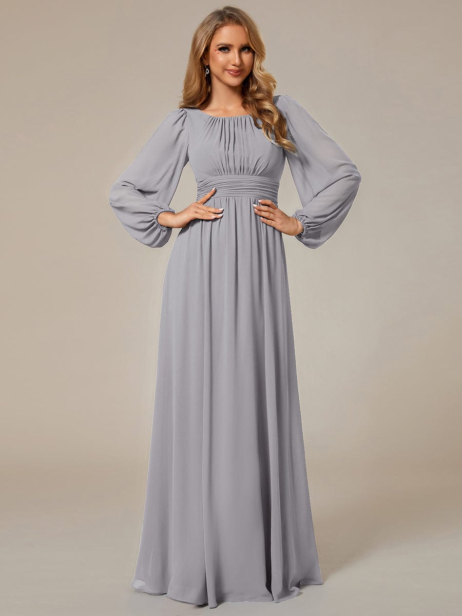 Chiffon High Empire Waist Puff Sleeve Bridesmaid Dress #color_Grey Chiffon High Empire Waist Puff Sleeve Bridesmaid Dress #color_Grey