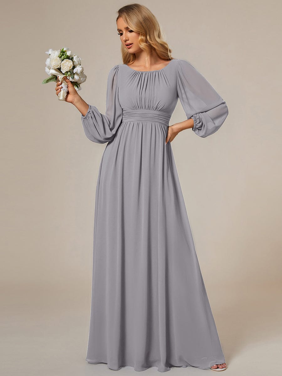 Chiffon High Empire Waist Puff Sleeve Bridesmaid Dress #color_Grey Chiffon High Empire Waist Puff Sleeve Bridesmaid Dress #color_Grey