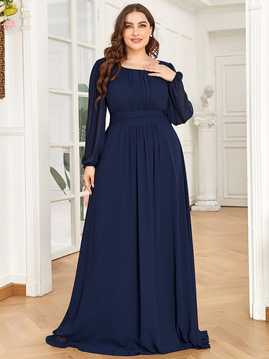 Chiffon High Empire Waist Puff Sleeve Bridesmaid Dress #color_Navy Blue Chiffon High Empire Waist Puff Sleeve Bridesmaid Dress #color_Navy Blue