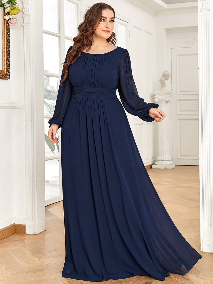 See-Througth Puff Sleeve Chiffon Plus Size Bridesmaid Dress #color_Navy Blue See-Througth Puff Sleeve Chiffon Plus Size Bridesmaid Dress #color_Navy Blue