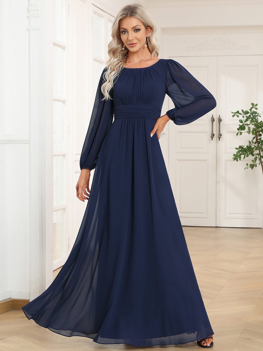 Chiffon High Empire Waist Puff Sleeve Bridesmaid Dress #color_Navy Blue Chiffon High Empire Waist Puff Sleeve Bridesmaid Dress #color_Navy Blue