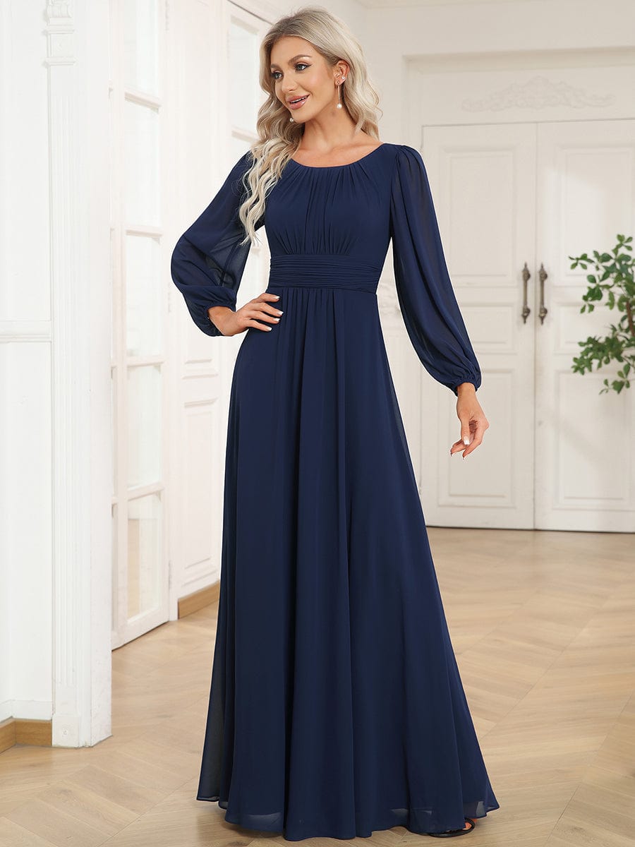 Chiffon High Empire Waist Puff Sleeve Bridesmaid Dress #color_Navy Blue Chiffon High Empire Waist Puff Sleeve Bridesmaid Dress #color_Navy Blue