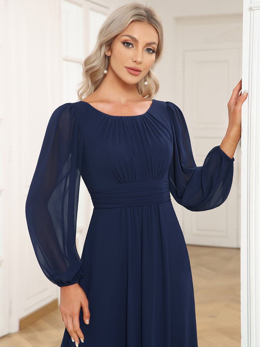 Chiffon High Empire Waist Puff Sleeve Bridesmaid Dress #color_Navy Blue Chiffon High Empire Waist Puff Sleeve Bridesmaid Dress #color_Navy Blue