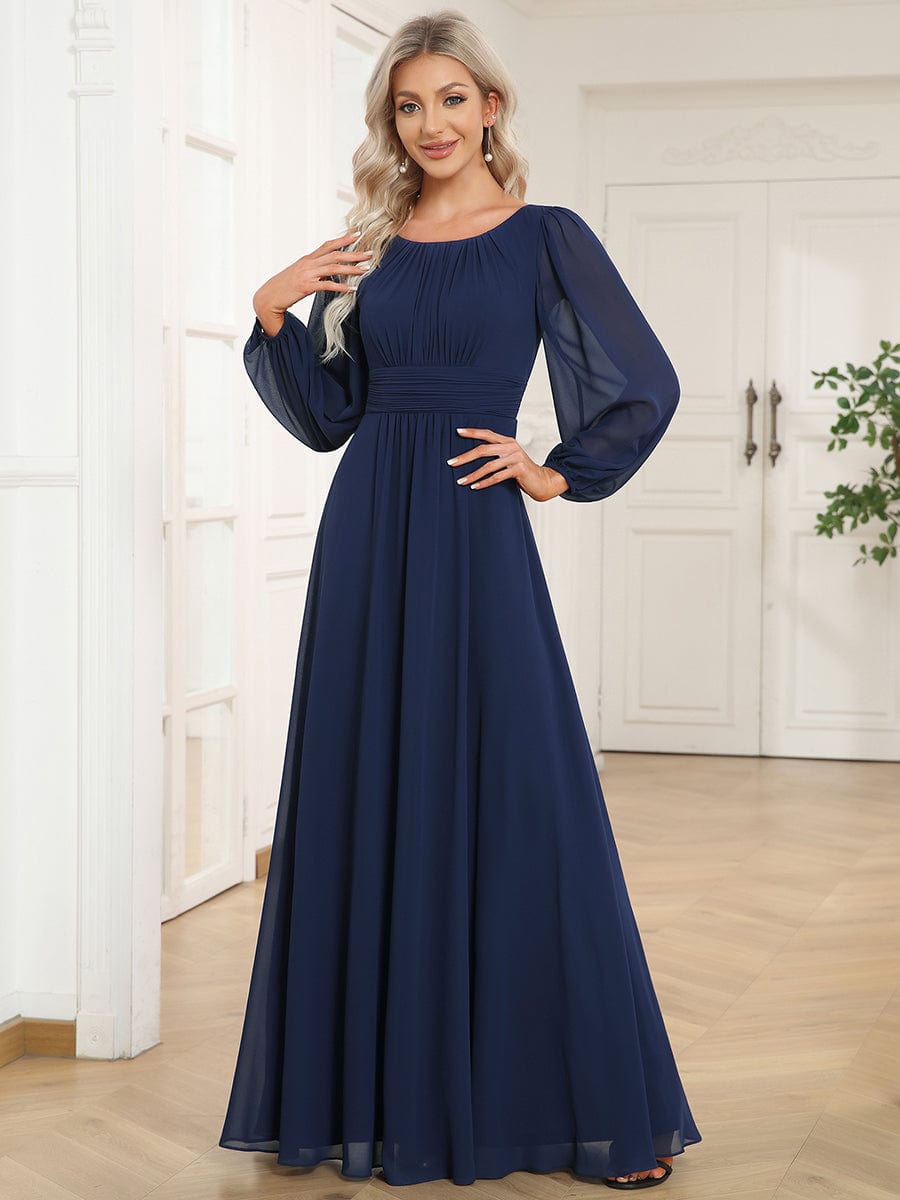Chiffon High Empire Waist Puff Sleeve Bridesmaid Dress #color_Navy Blue Chiffon High Empire Waist Puff Sleeve Bridesmaid Dress #color_Navy Blue