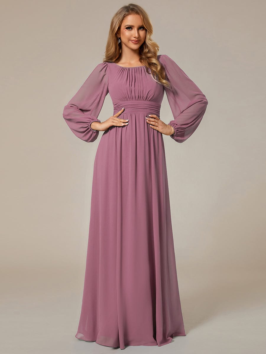 Chiffon High Empire Waist Puff Sleeve Bridesmaid Dress #color_Purple Orchid Chiffon High Empire Waist Puff Sleeve Bridesmaid Dress #color_Purple Orchid