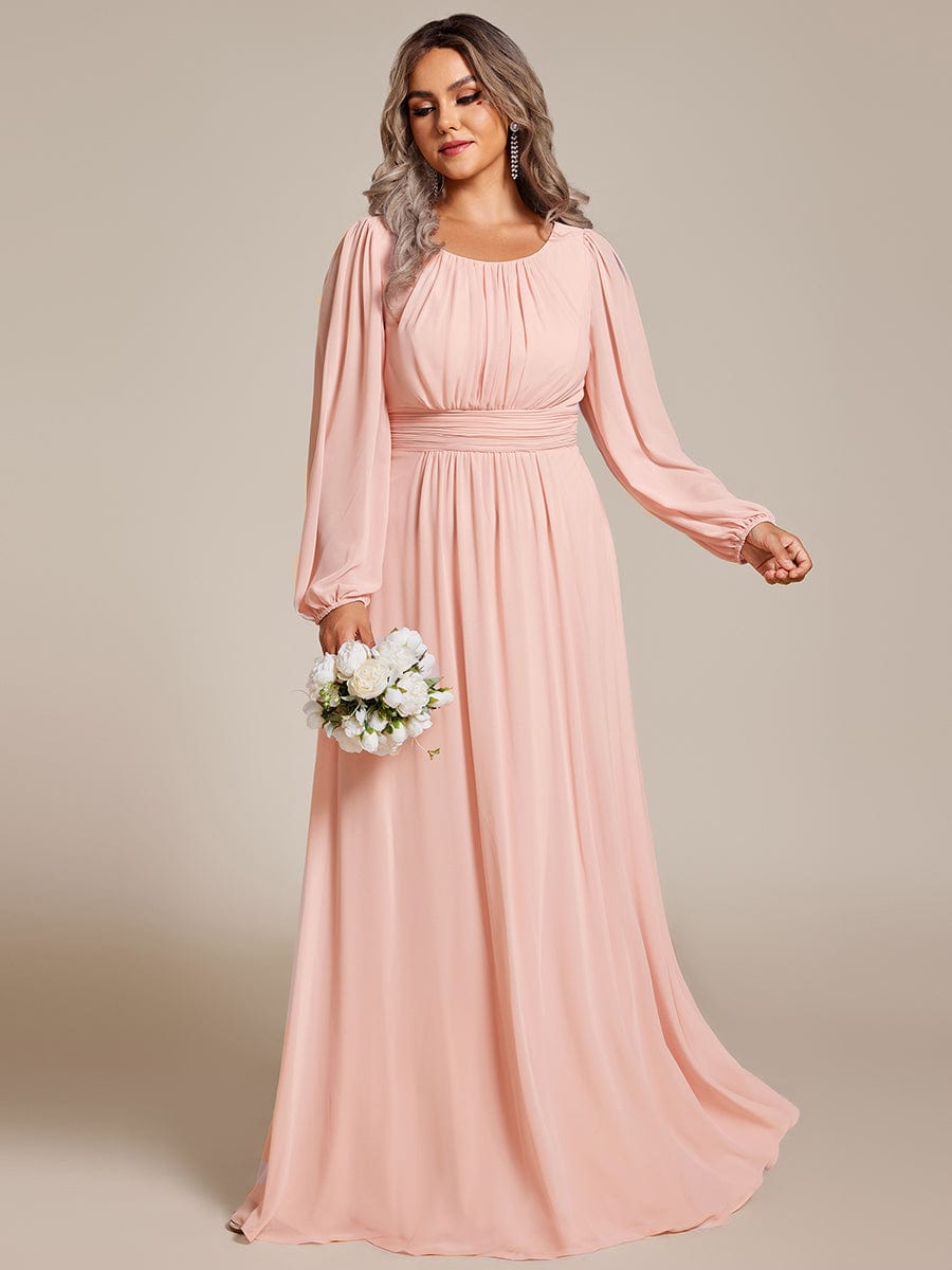 See-Througth Puff Sleeve Chiffon Plus Size Bridesmaid Dress #color_Pink See-Througth Puff Sleeve Chiffon Plus Size Bridesmaid Dress #color_Pink