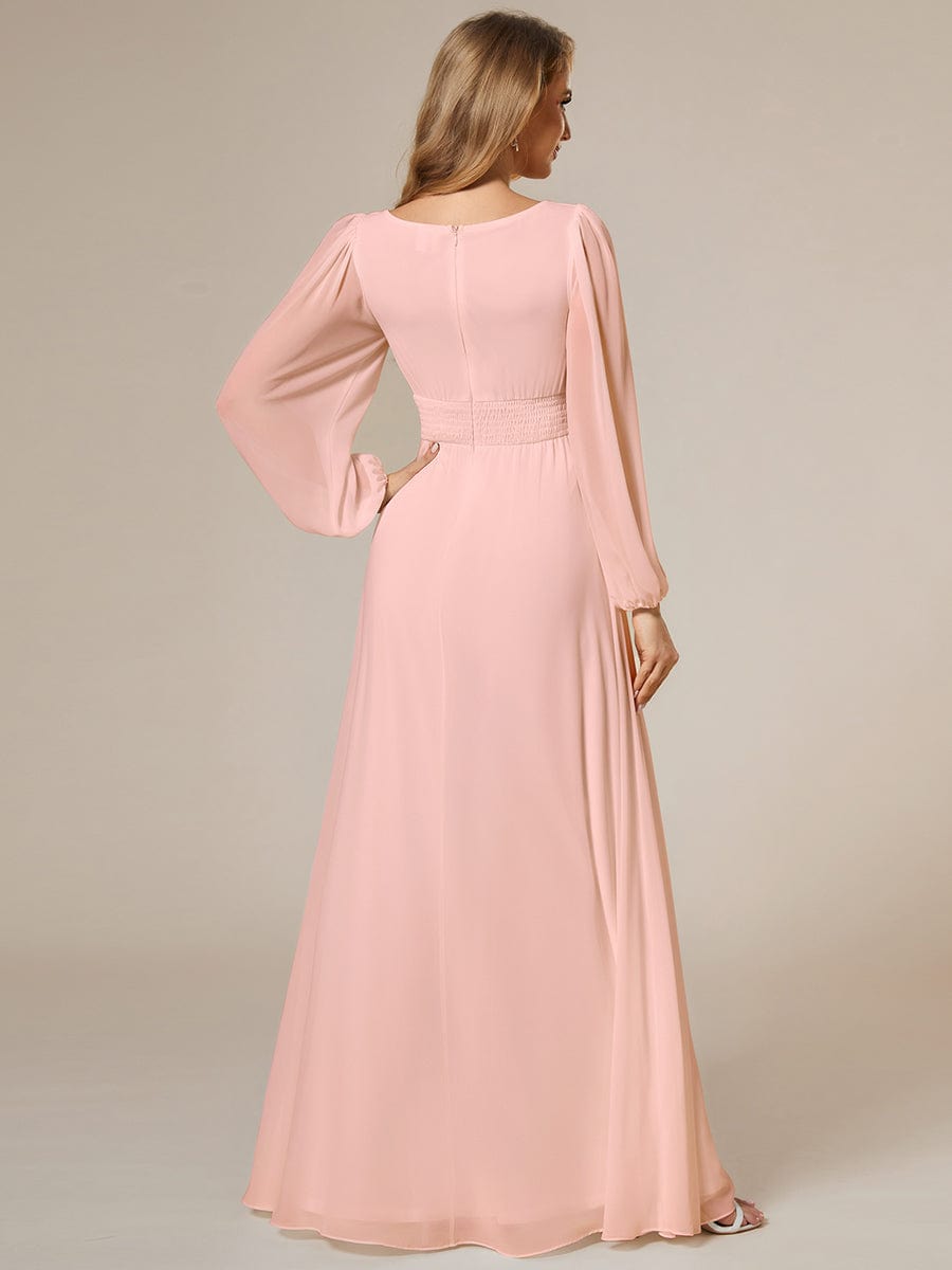 Chiffon High Empire Waist Puff Sleeve Bridesmaid Dress #color_Pink Chiffon High Empire Waist Puff Sleeve Bridesmaid Dress #color_Pink