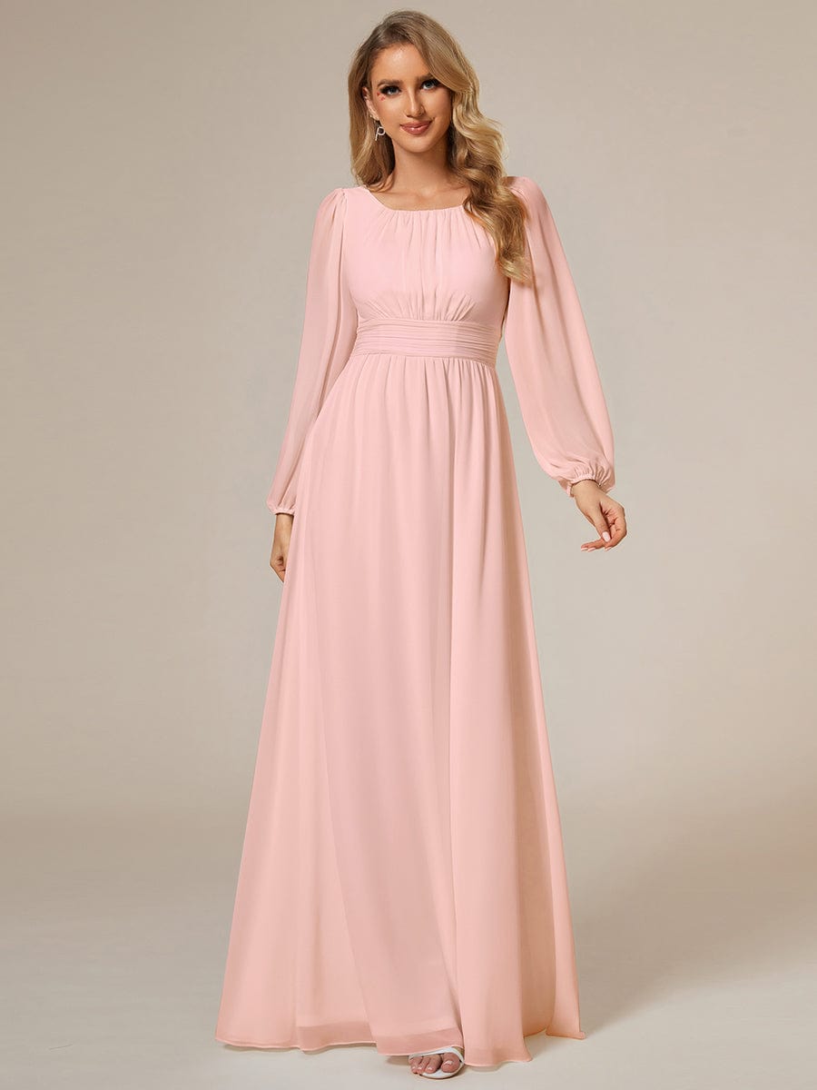Chiffon High Empire Waist Puff Sleeve Bridesmaid Dress #color_Pink Chiffon High Empire Waist Puff Sleeve Bridesmaid Dress #color_Pink
