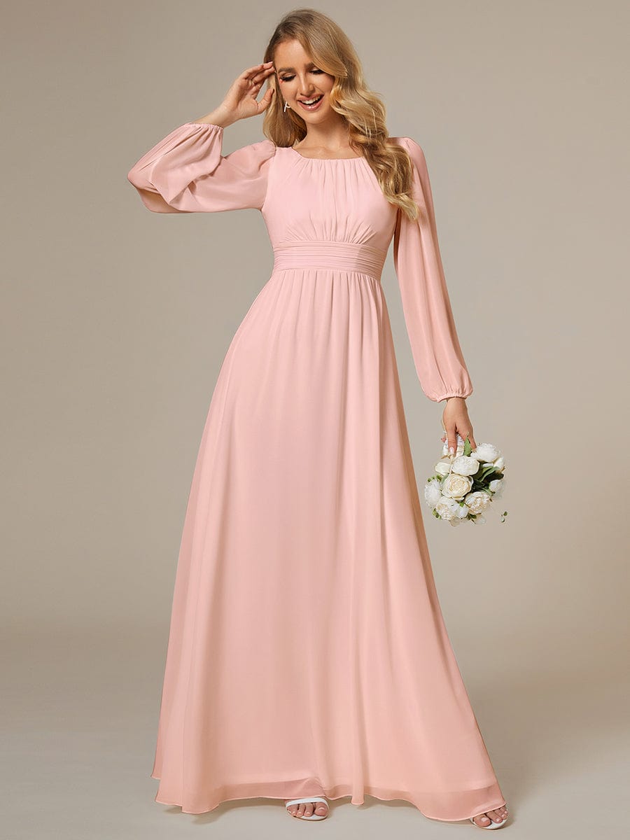 Chiffon High Empire Waist Puff Sleeve Bridesmaid Dress #color_Pink Chiffon High Empire Waist Puff Sleeve Bridesmaid Dress #color_Pink