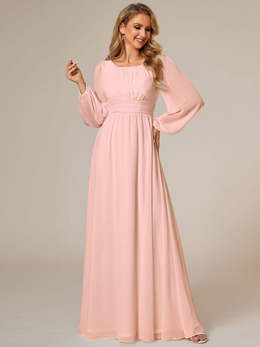 Chiffon High Empire Waist Puff Sleeve Bridesmaid Dress #color_Pink Chiffon High Empire Waist Puff Sleeve Bridesmaid Dress #color_Pink