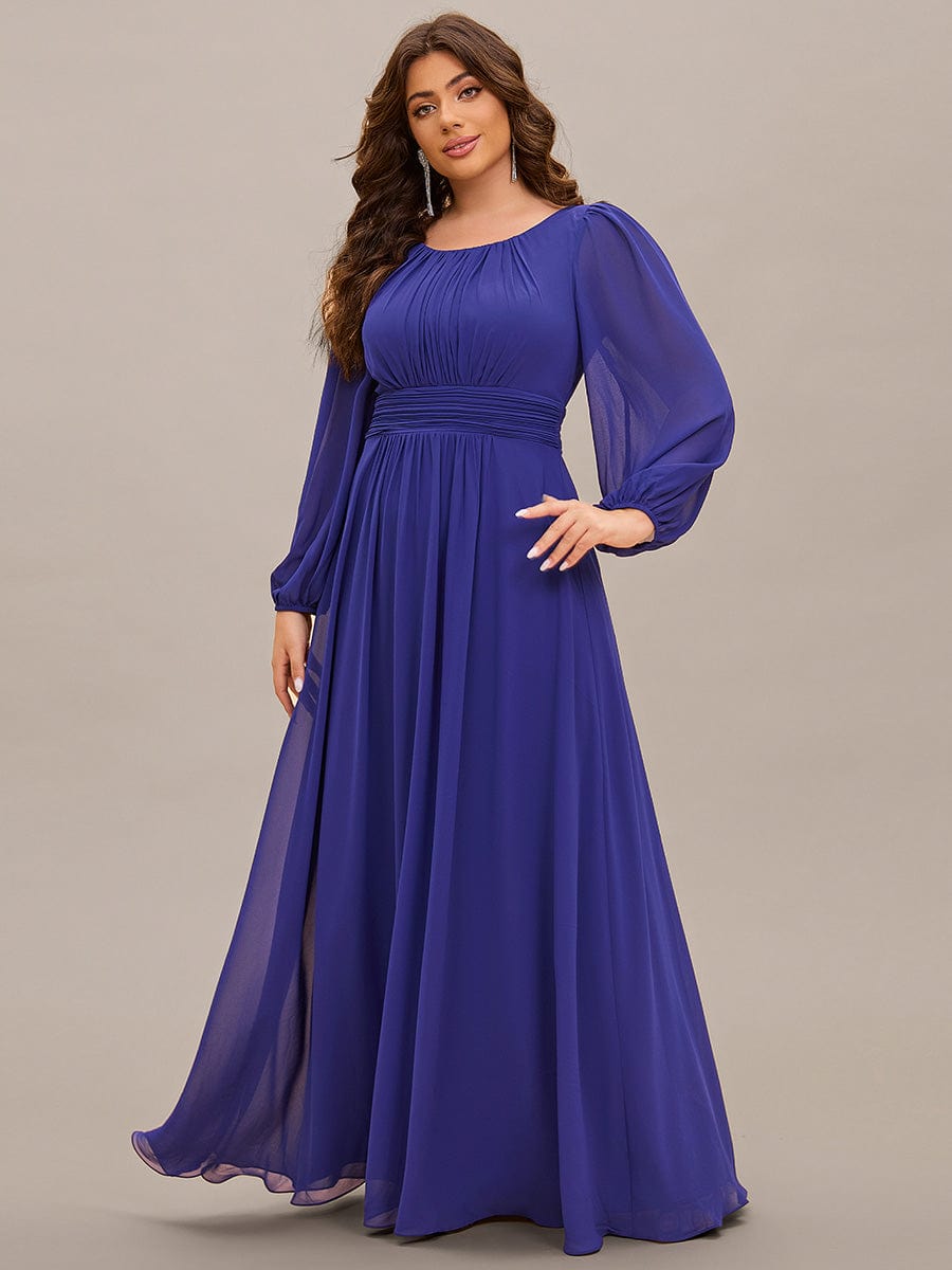 See-Througth Puff Sleeve Chiffon Plus Size Bridesmaid Dress #color_Sapphire Blue See-Througth Puff Sleeve Chiffon Plus Size Bridesmaid Dress #color_Sapphire Blue