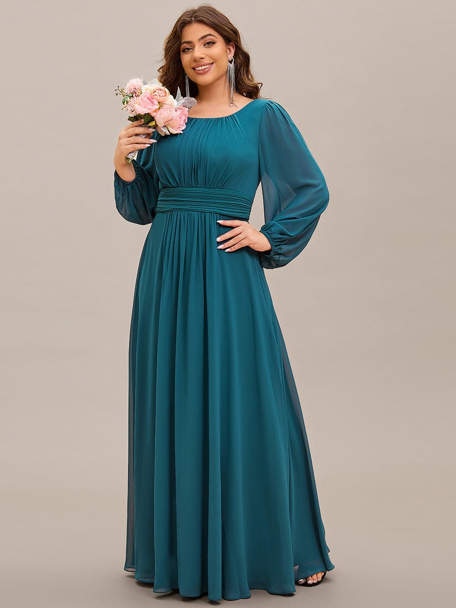 See-Througth Puff Sleeve Chiffon Plus Size Bridesmaid Dress #color_Teal See-Througth Puff Sleeve Chiffon Plus Size Bridesmaid Dress #color_Teal