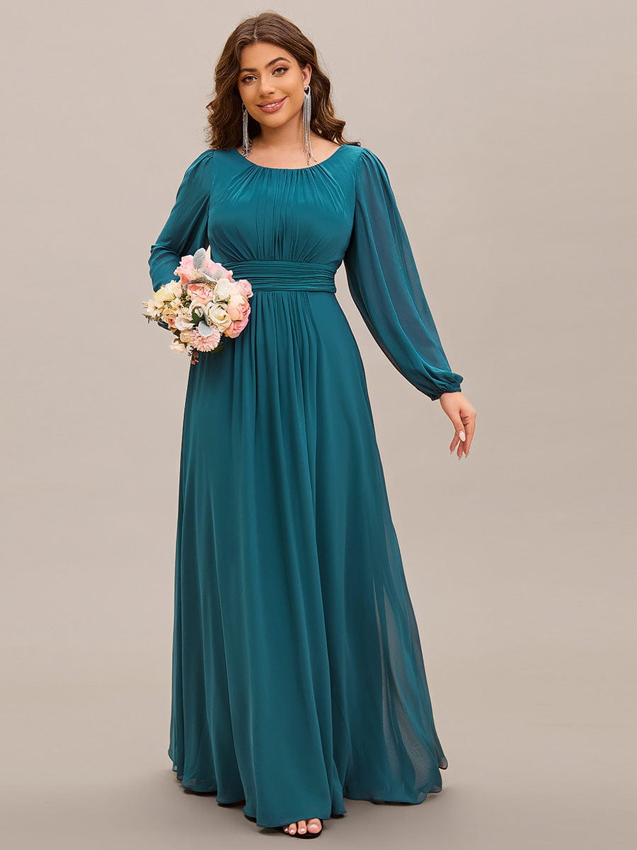 See-Througth Puff Sleeve Chiffon Plus Size Bridesmaid Dress #color_Teal See-Througth Puff Sleeve Chiffon Plus Size Bridesmaid Dress #color_Teal