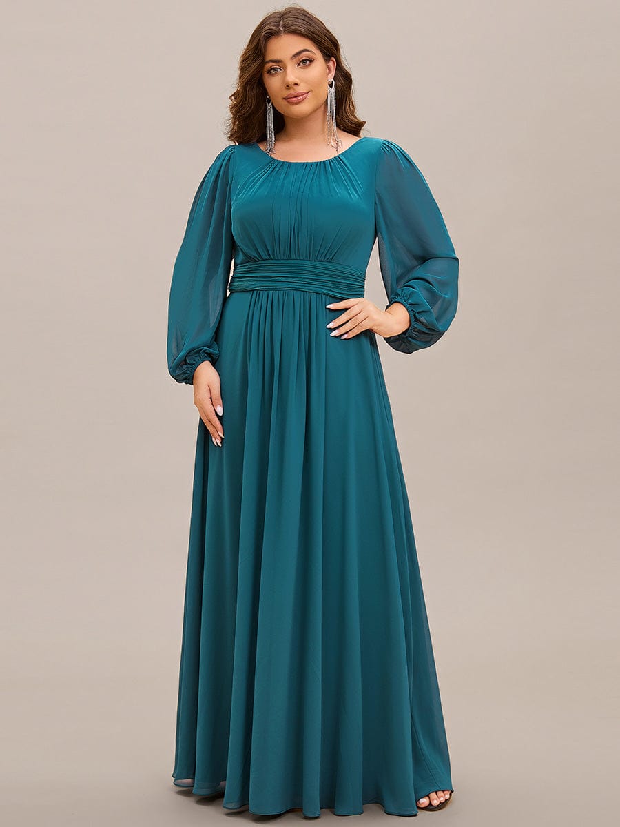 See-Througth Puff Sleeve Chiffon Plus Size Bridesmaid Dress #color_Teal See-Througth Puff Sleeve Chiffon Plus Size Bridesmaid Dress #color_Teal