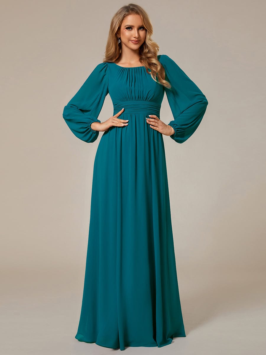 Chiffon High Empire Waist Puff Sleeve Bridesmaid Dress #color_Teal Chiffon High Empire Waist Puff Sleeve Bridesmaid Dress #color_Teal