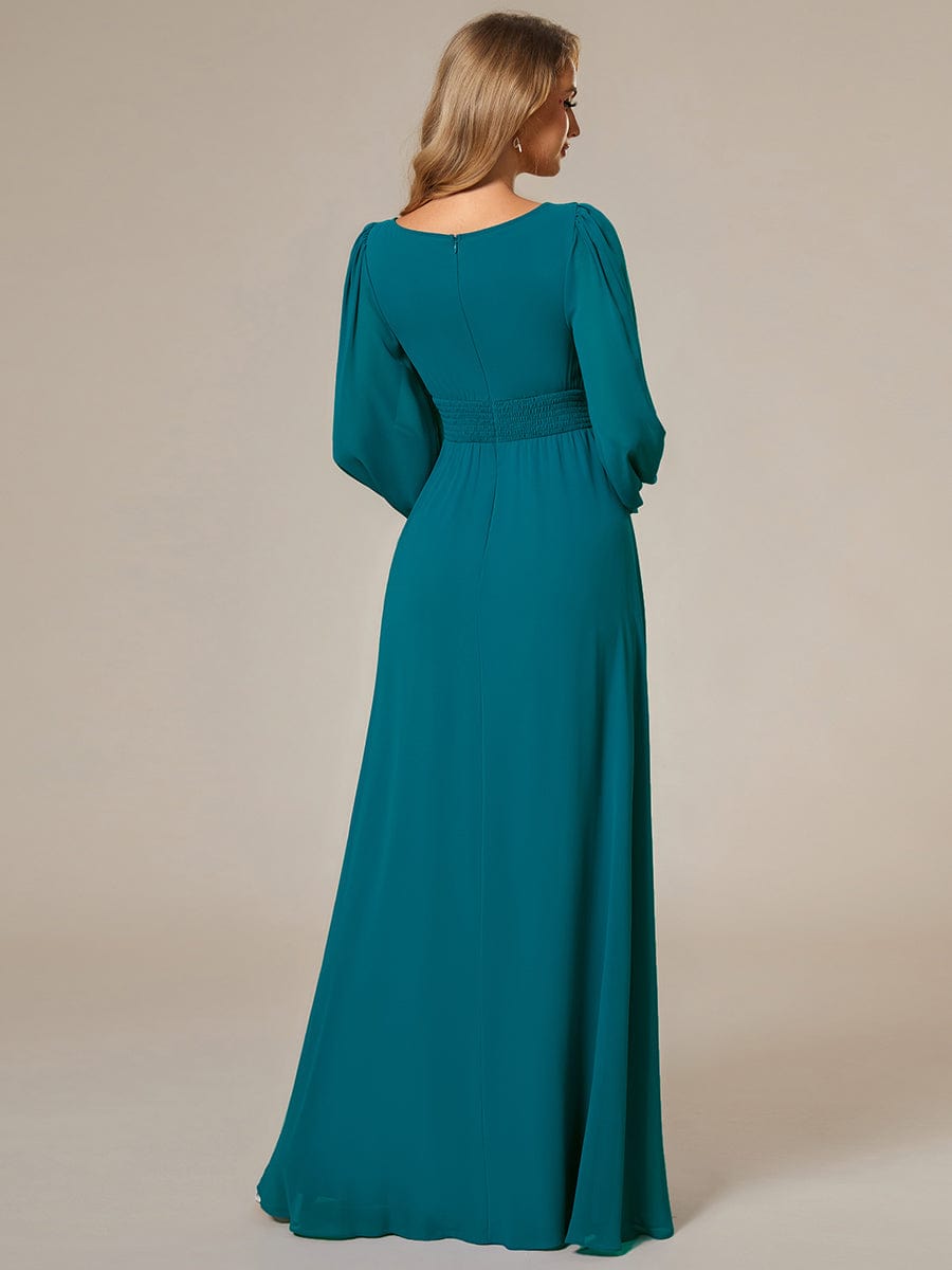 Chiffon High Empire Waist Puff Sleeve Bridesmaid Dress #color_Teal Chiffon High Empire Waist Puff Sleeve Bridesmaid Dress #color_Teal