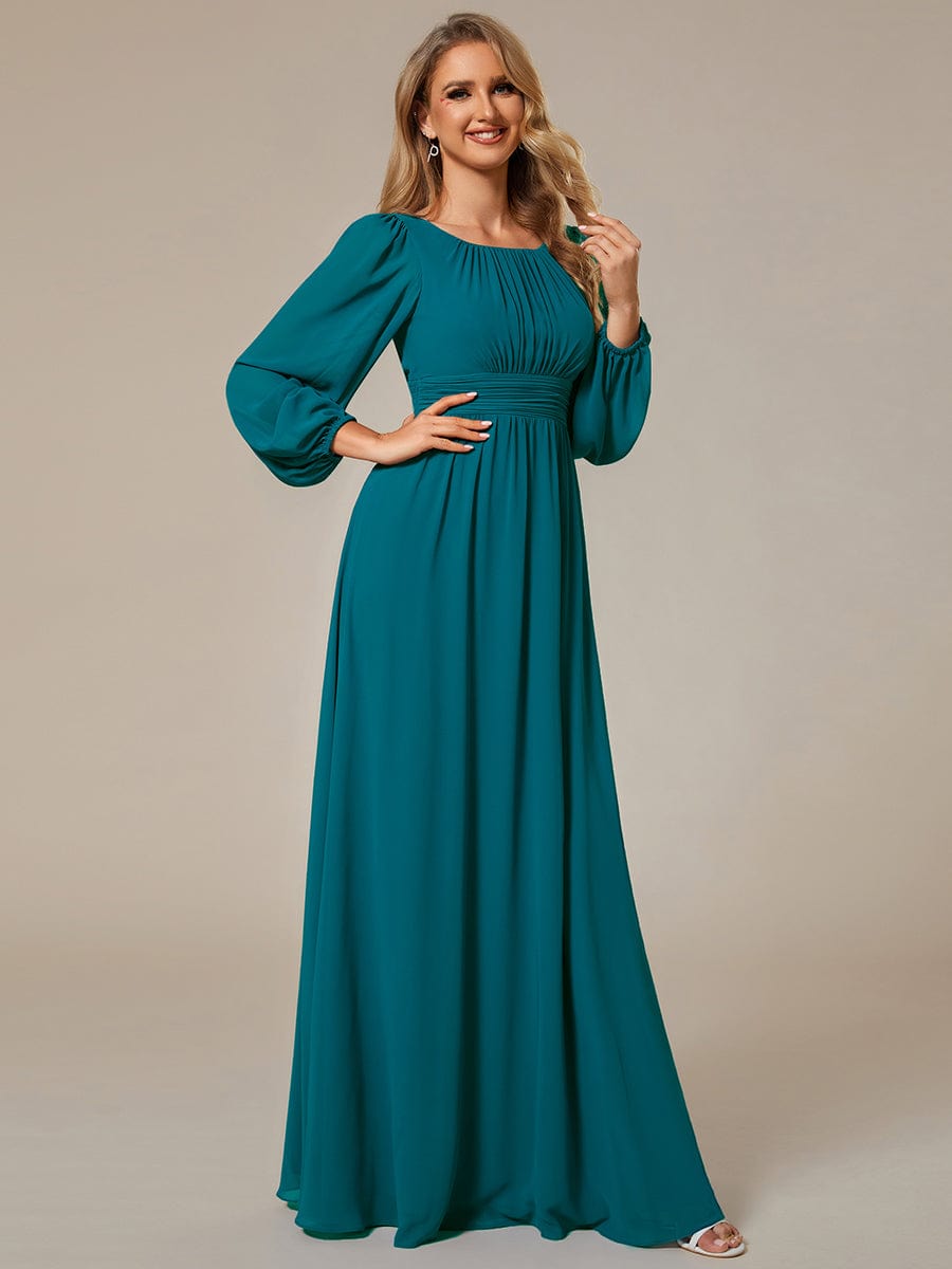 Chiffon High Empire Waist Puff Sleeve Bridesmaid Dress #color_Teal Chiffon High Empire Waist Puff Sleeve Bridesmaid Dress #color_Teal