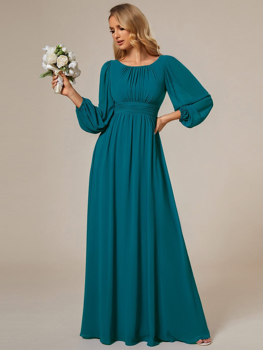 Chiffon High Empire Waist Puff Sleeve Bridesmaid Dress #color_Teal Chiffon High Empire Waist Puff Sleeve Bridesmaid Dress #color_Teal