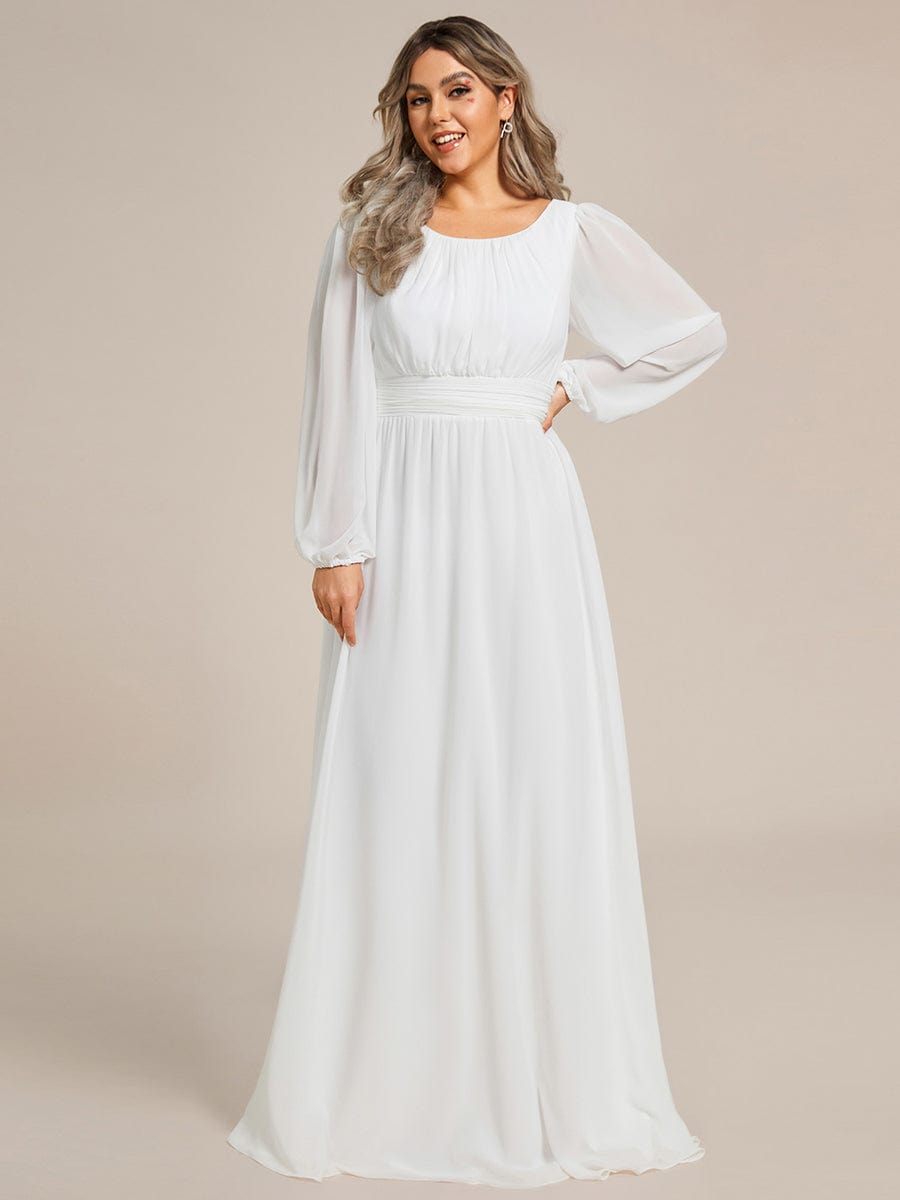 See-Througth Puff Sleeve Chiffon Plus Size Bridesmaid Dress #color_White See-Througth Puff Sleeve Chiffon Plus Size Bridesmaid Dress #color_White