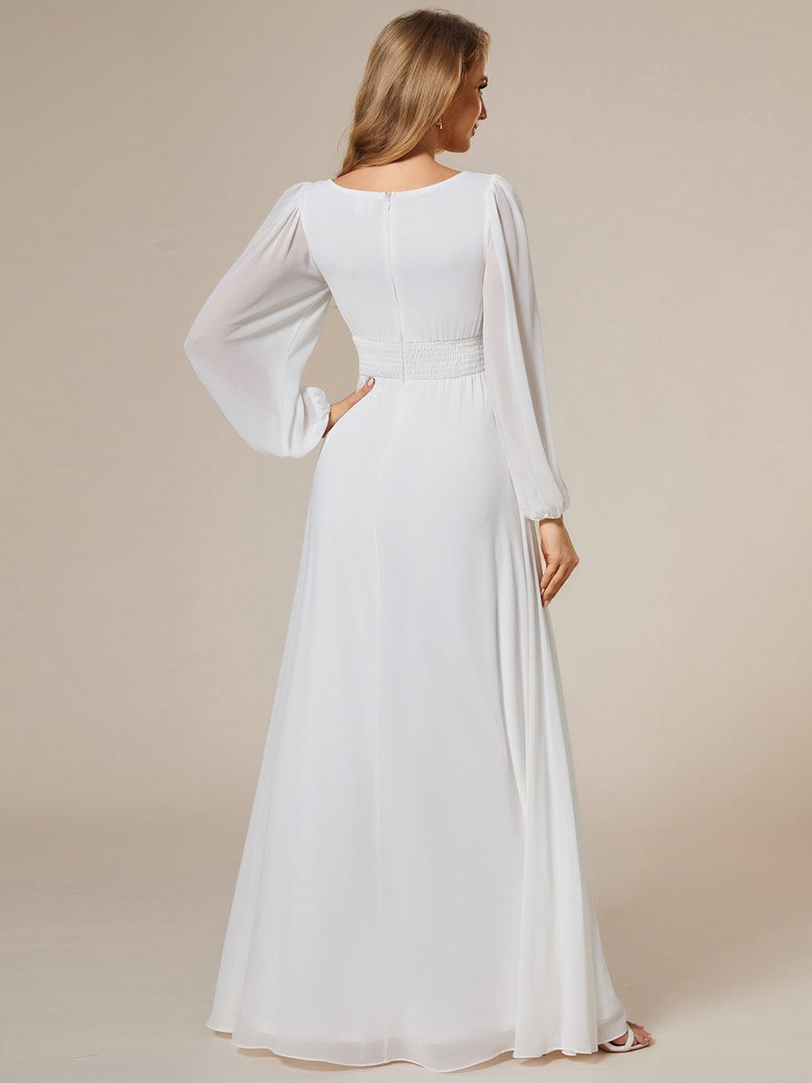 Chiffon High Empire Waist Puff Sleeve Bridesmaid Dress #color_White Chiffon High Empire Waist Puff Sleeve Bridesmaid Dress #color_White