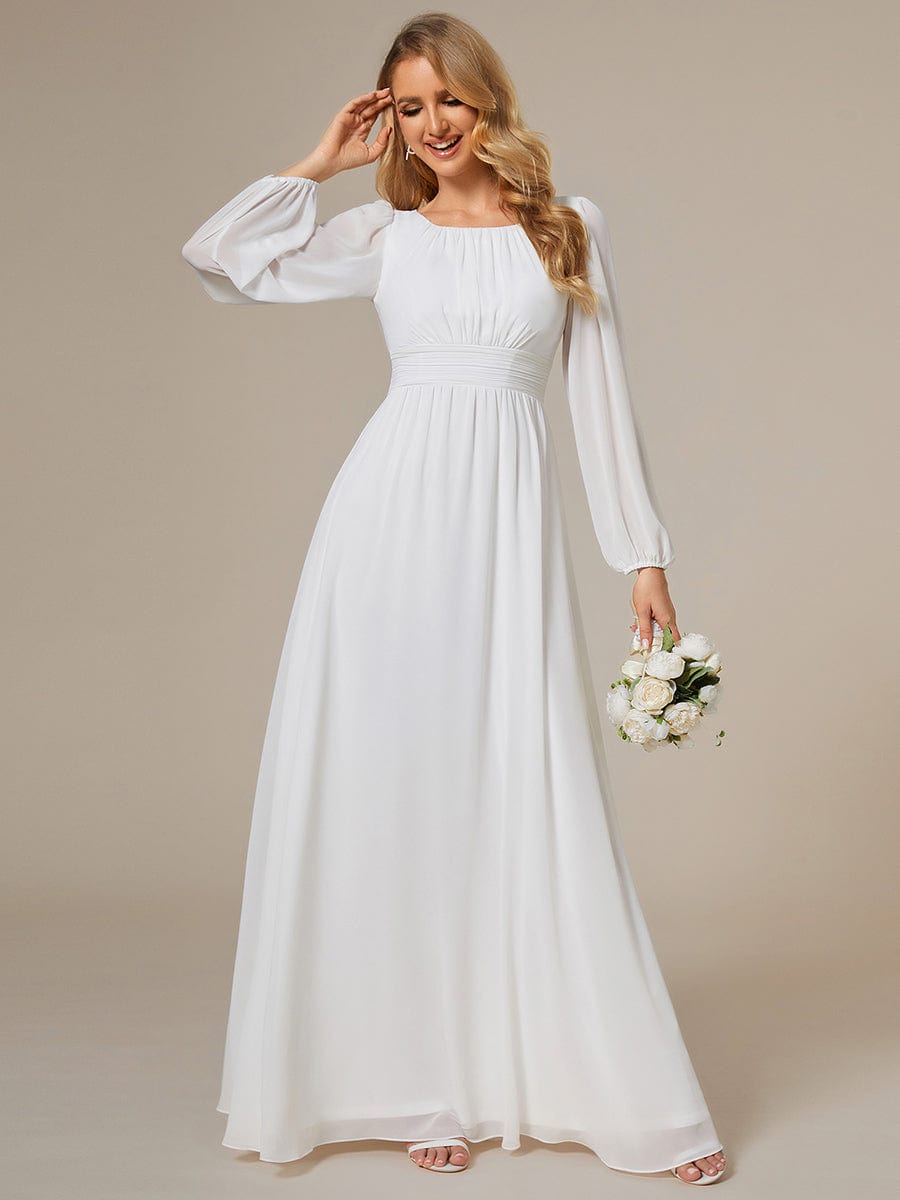 Chiffon High Empire Waist Puff Sleeve Bridesmaid Dress #color_White Chiffon High Empire Waist Puff Sleeve Bridesmaid Dress #color_White