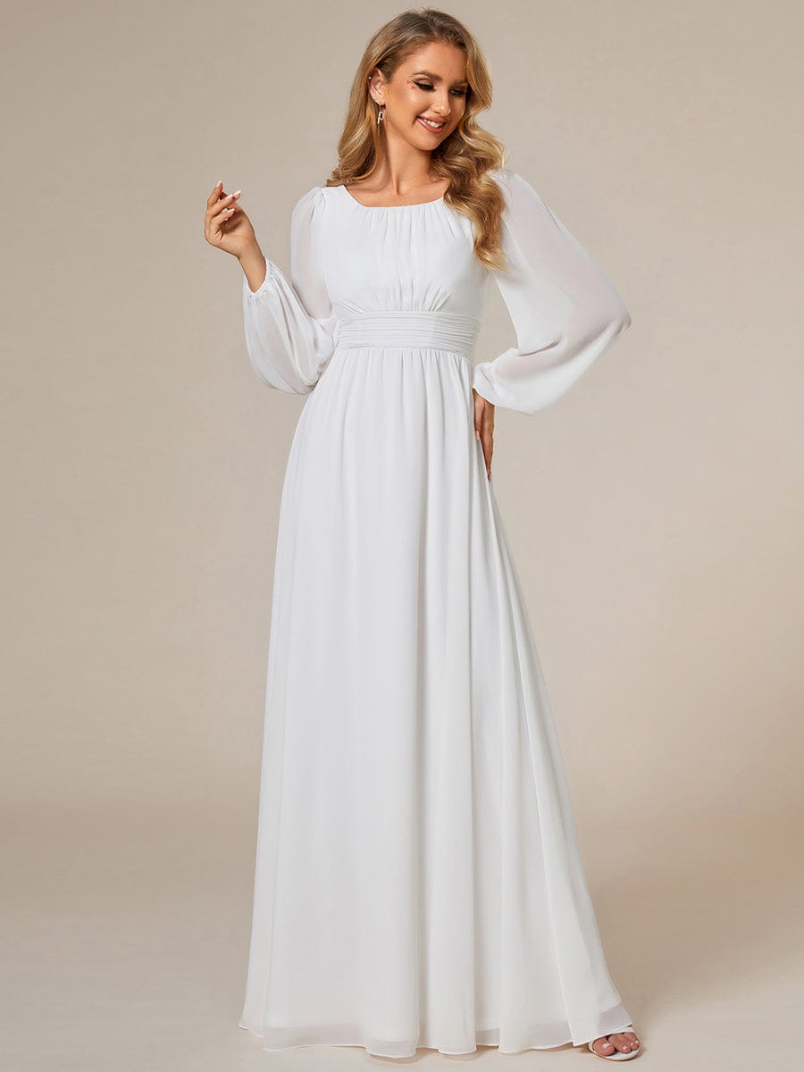 Chiffon High Empire Waist Puff Sleeve Bridesmaid Dress #color_White Chiffon High Empire Waist Puff Sleeve Bridesmaid Dress #color_White