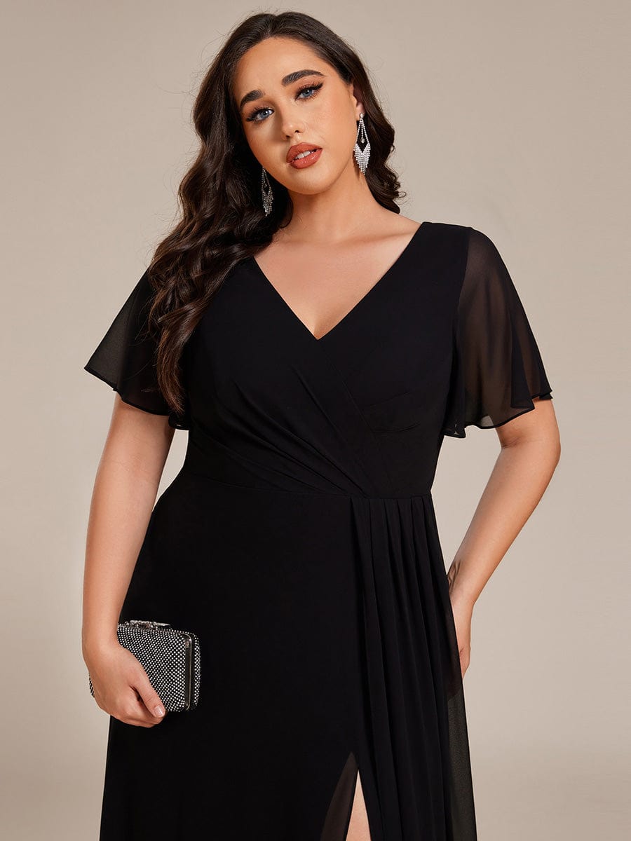 High Slit V-Neck Chiffon High Waist Bridesmaid Dress with Ruffle Sleeve #color_Black High Slit V-Neck Chiffon High Waist Bridesmaid Dress with Ruffle Sleeve #color_Black