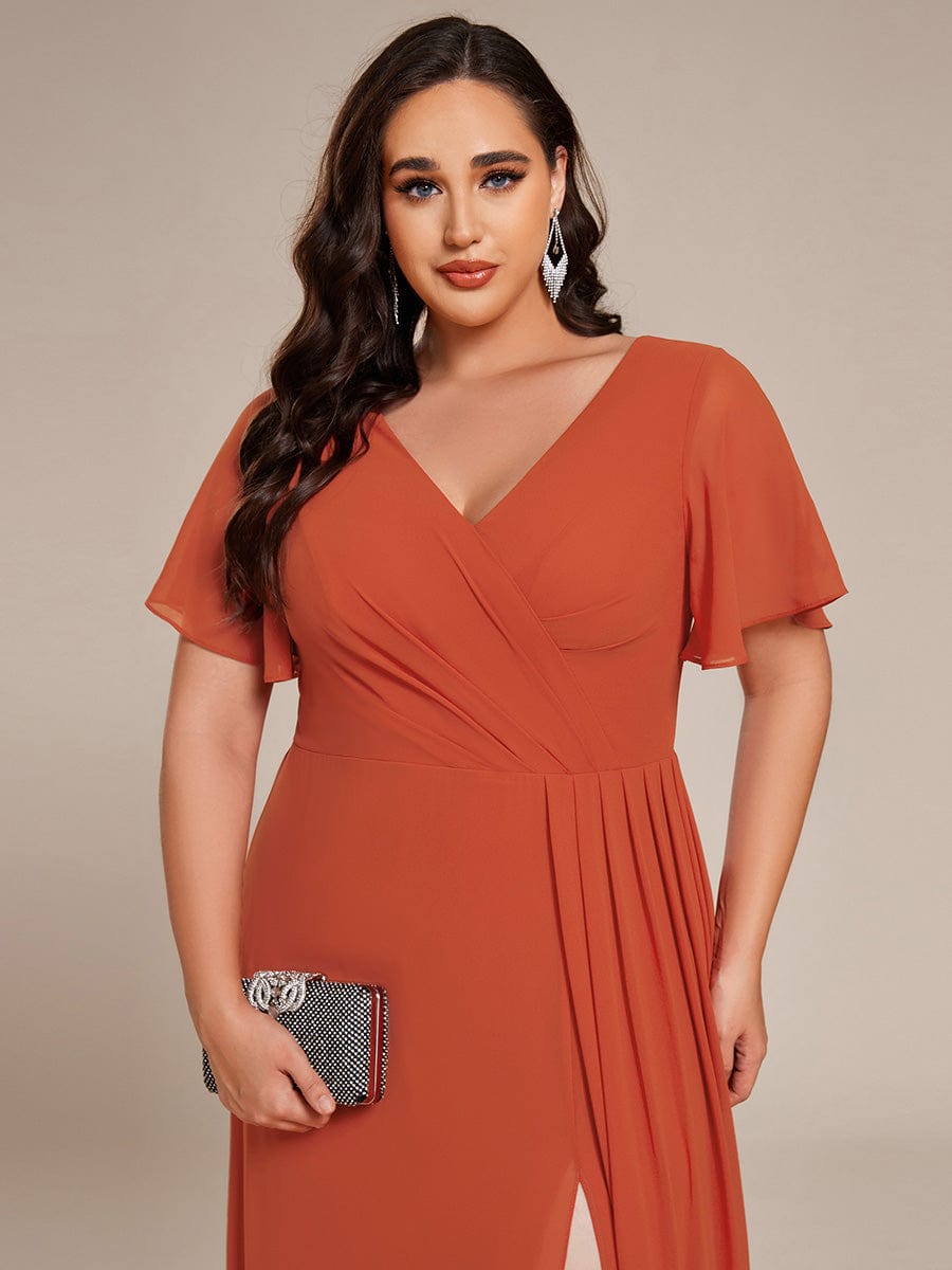 High Slit V-Neck Chiffon High Waist Bridesmaid Dress with Ruffle Sleeve #color_Burnt Orange High Slit V-Neck Chiffon High Waist Bridesmaid Dress with Ruffle Sleeve #color_Burnt Orange