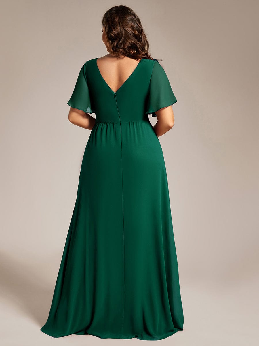 High Slit V-Neck Chiffon High Waist Bridesmaid Dress with Ruffle Sleeve #color_Dark Green High Slit V-Neck Chiffon High Waist Bridesmaid Dress with Ruffle Sleeve #color_Dark Green