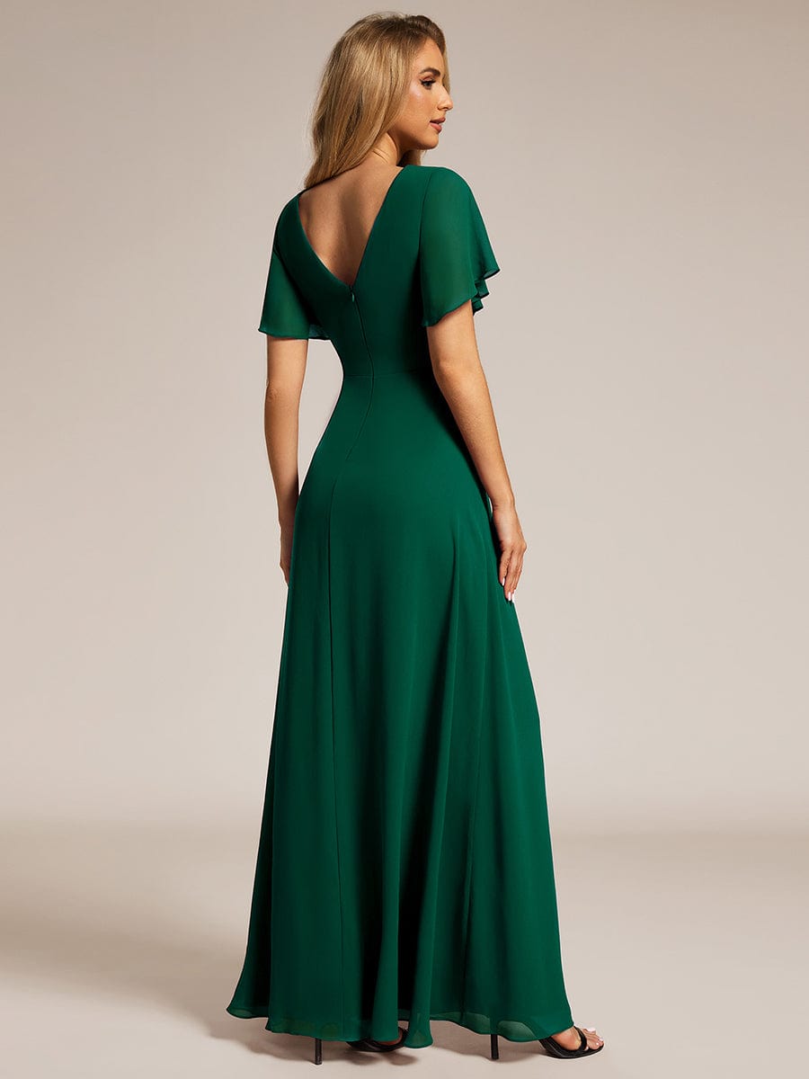 High Slit V-Neck Chiffon High Waist Bridesmaid Dress with Ruffle Sleeve #color_Dark Green High Slit V-Neck Chiffon High Waist Bridesmaid Dress with Ruffle Sleeve #color_Dark Green