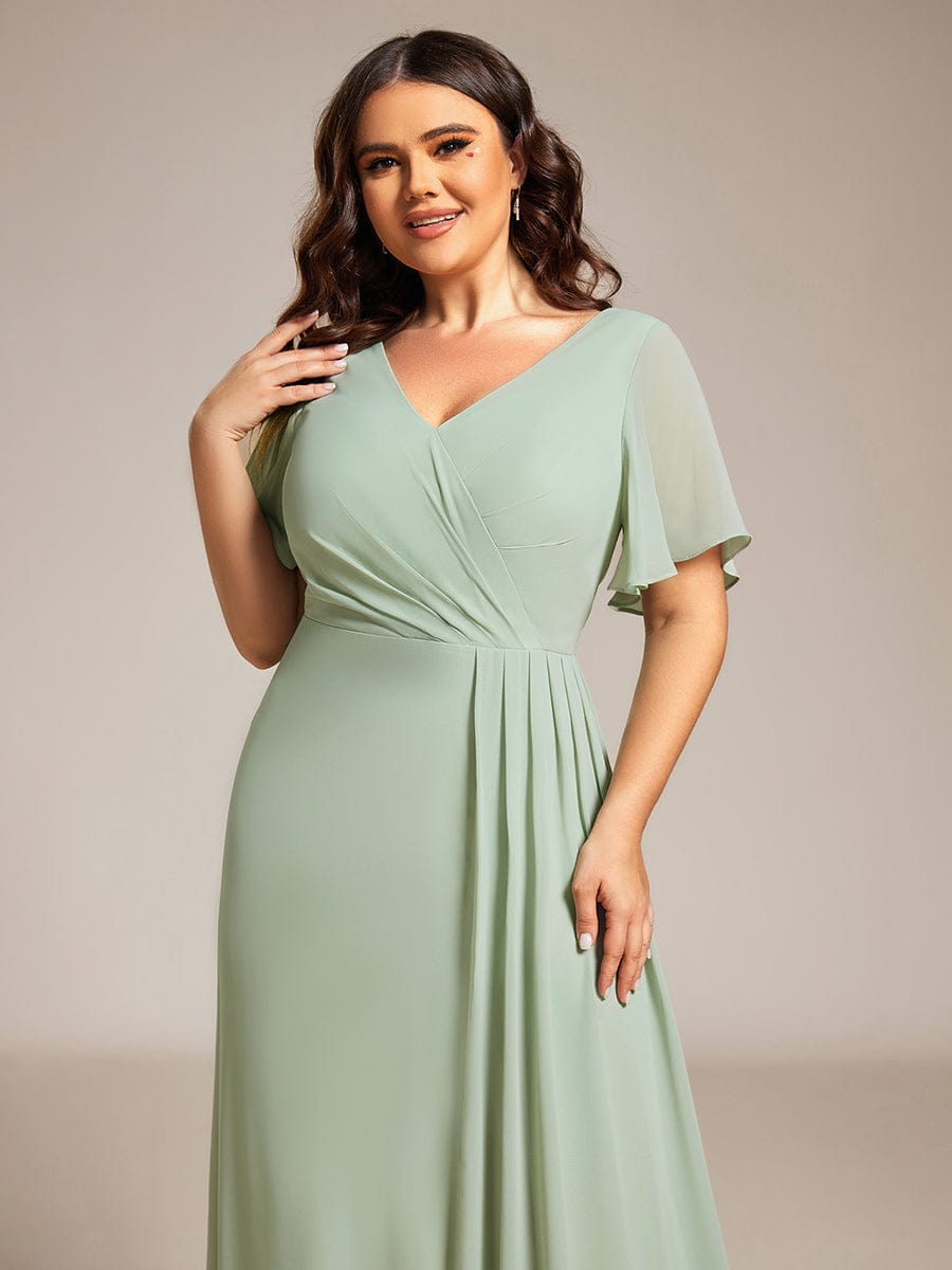 High Slit V-Neck Chiffon High Waist Bridesmaid Dress with Ruffle Sleeve #color_Mint Green High Slit V-Neck Chiffon High Waist Bridesmaid Dress with Ruffle Sleeve #color_Mint Green
