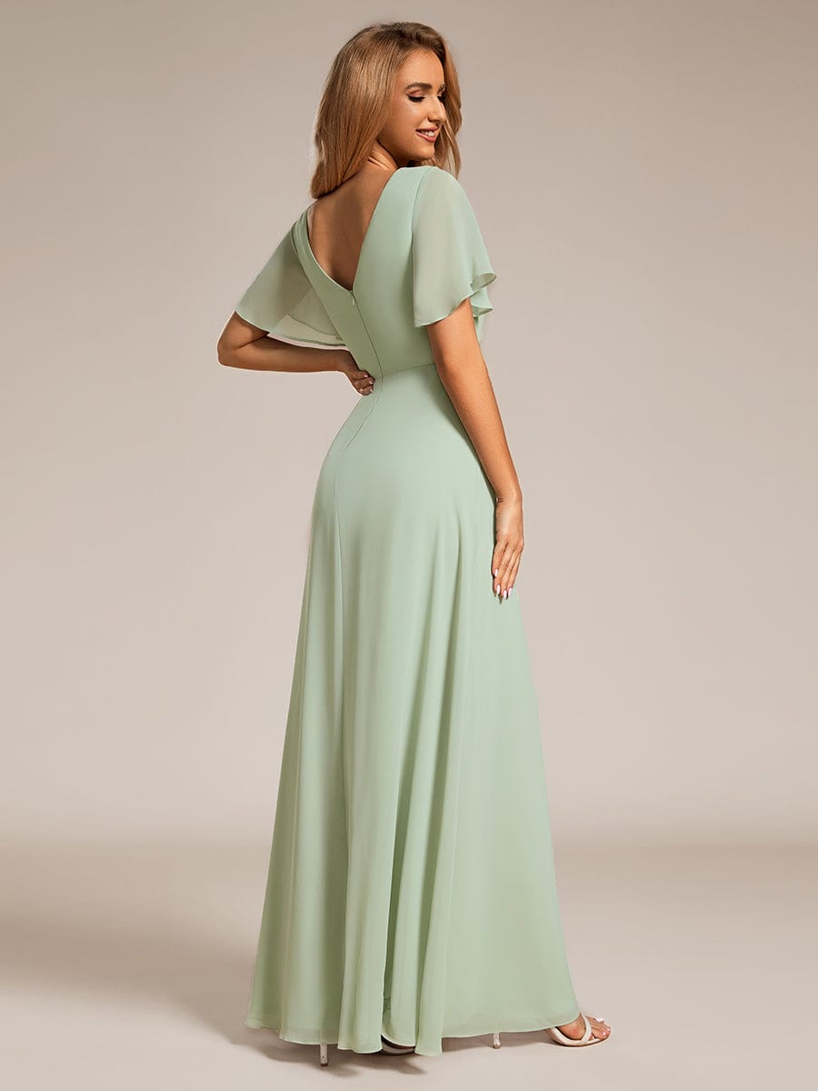 High Slit V-Neck Chiffon High Waist Bridesmaid Dress with Ruffle Sleeve #color_Mint Green High Slit V-Neck Chiffon High Waist Bridesmaid Dress with Ruffle Sleeve #color_Mint Green