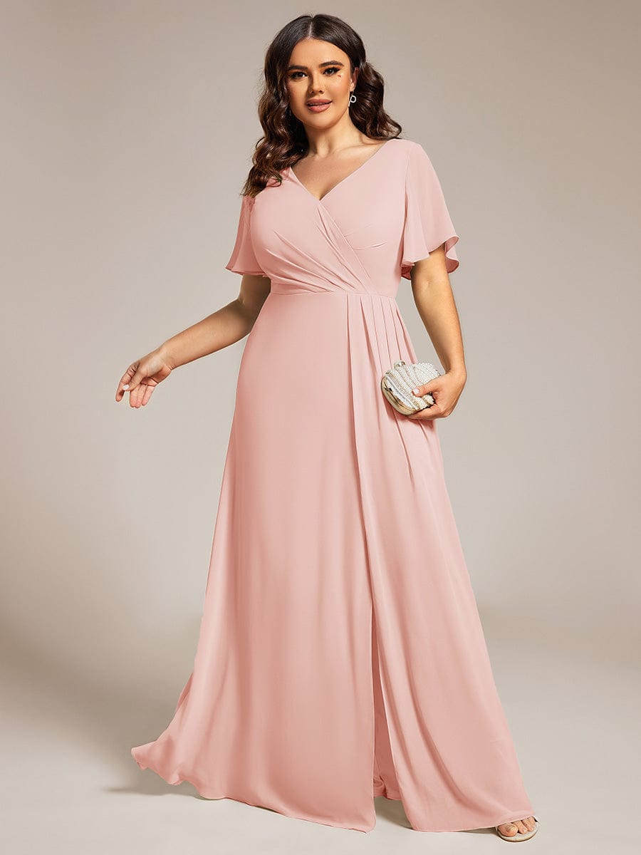High Slit V-Neck Chiffon High Waist Bridesmaid Dress with Ruffle Sleeve #color_Pink High Slit V-Neck Chiffon High Waist Bridesmaid Dress with Ruffle Sleeve #color_Pink