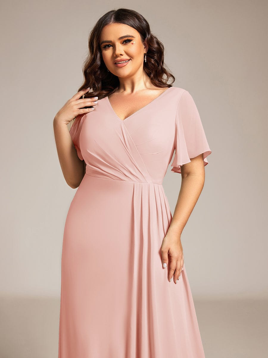 High Slit V-Neck Chiffon High Waist Bridesmaid Dress with Ruffle Sleeve #color_Pink High Slit V-Neck Chiffon High Waist Bridesmaid Dress with Ruffle Sleeve #color_Pink