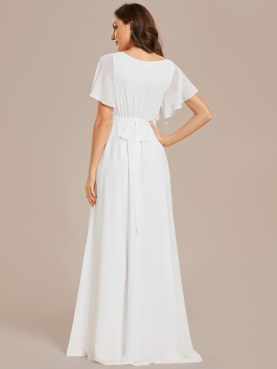 V-Neck Flutter Sleeve Floor-Length A-Line Chiffon Evening Dress #color_White V-Neck Flutter Sleeve Floor-Length A-Line Chiffon Evening Dress #color_White