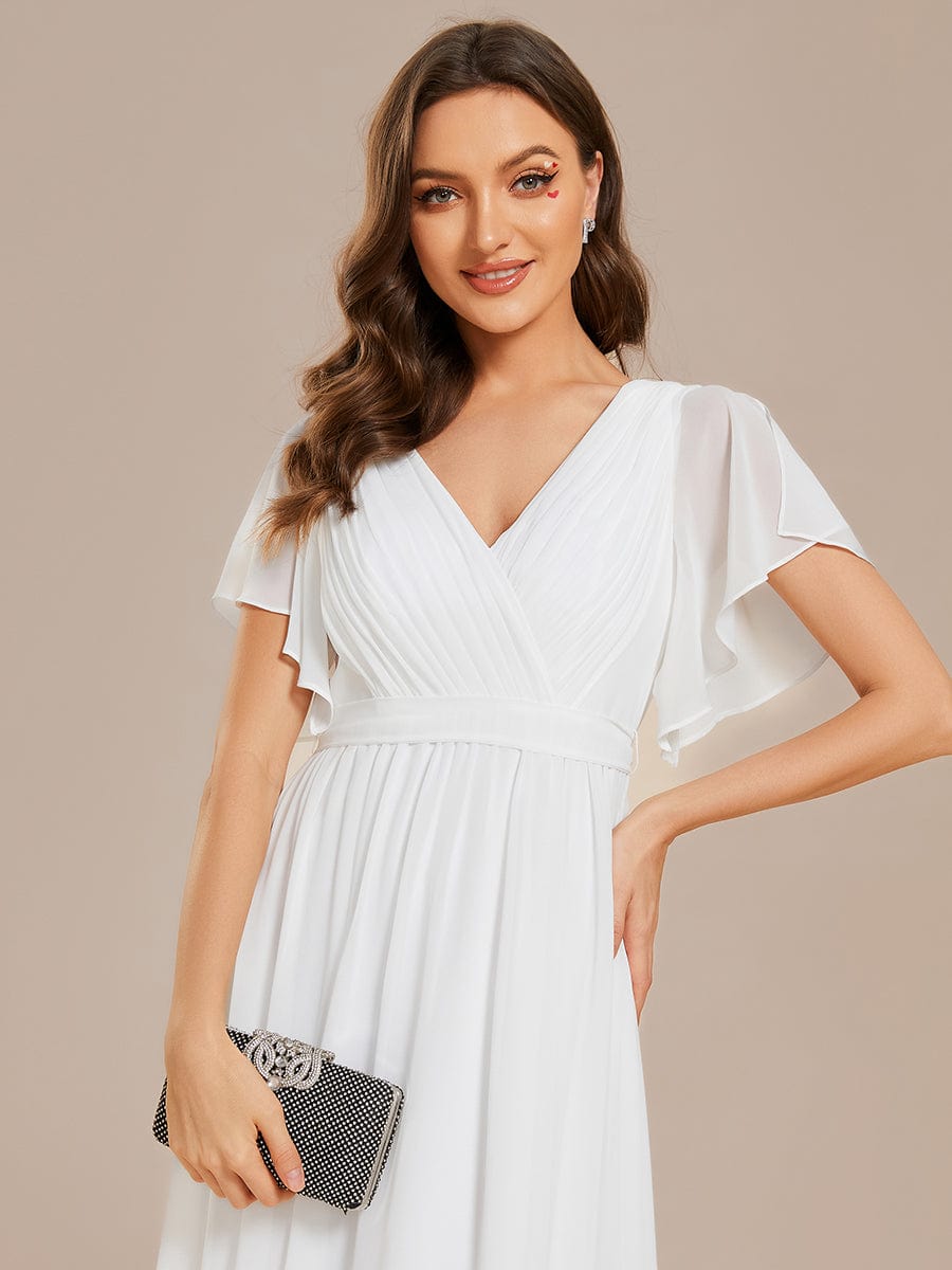 V-Neck Flutter Sleeve Floor-Length A-Line Chiffon Evening Dress #color_White V-Neck Flutter Sleeve Floor-Length A-Line Chiffon Evening Dress #color_White
